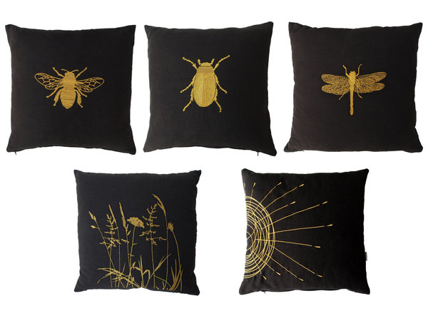 Leinen schwarz,Motive:Biene,Käfer,Libelle,Gräser,Sonne,gold gestickt