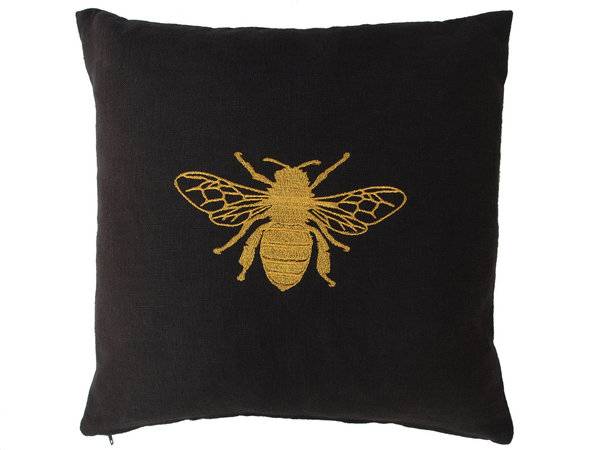 Leinen schwarz,Motive:Biene,Käfer,Libelle,Gräser,Sonne,gold gestickt